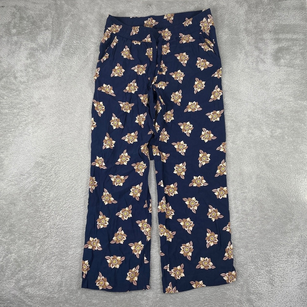 Loft Floral Wide Leg Pants Womens Medium Blue Rayon Elastic Waist Boho Relaxed